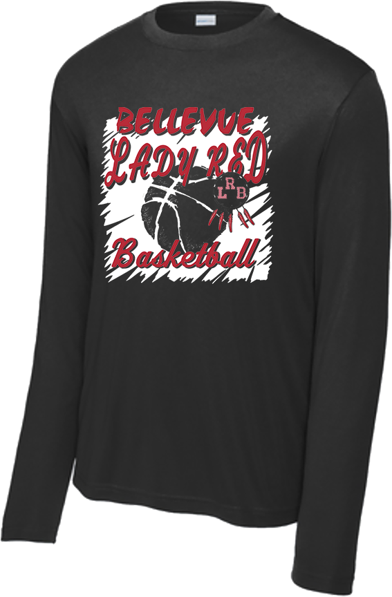 Bellevue Lady Red Basketball Cut Out - Sport-Tek® Long Sleeve PosiCharge® Competitor™ Tee - YST350LS / ST350LS