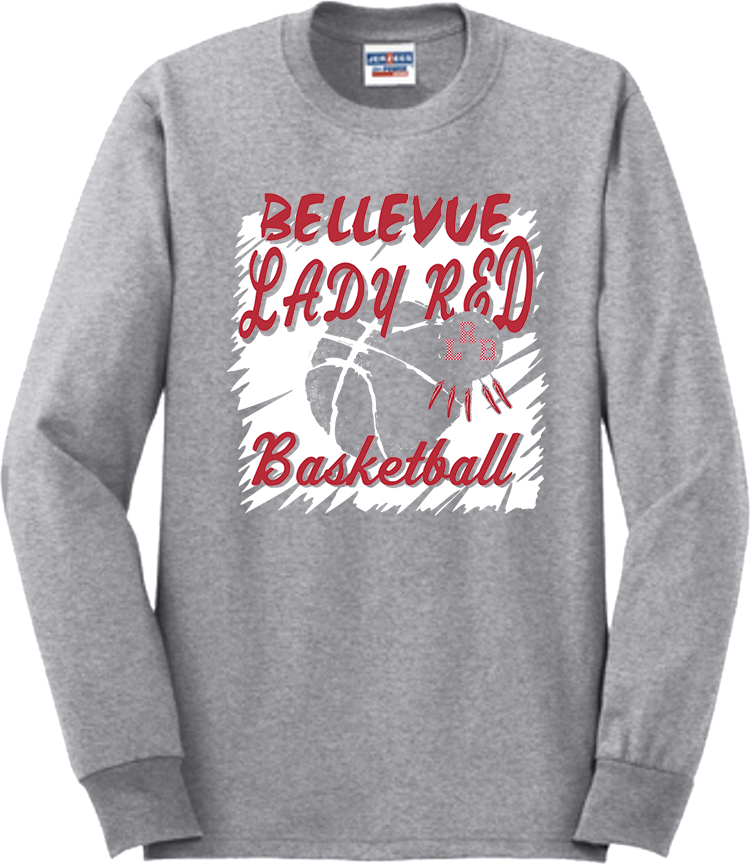 Bellevue Lady Red Basketball Cut Out - Jerzees® - Adult Dri-Power® 50/50 Cotton/Poly Long Sleeve T-Shirt- 29LS