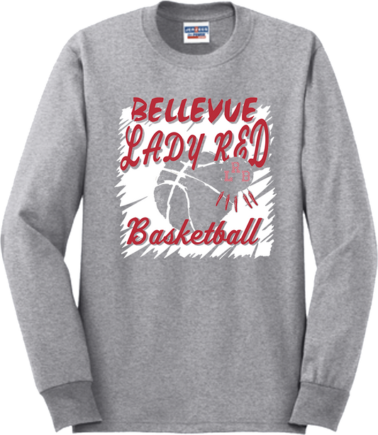 Bellevue Lady Red Basketball Cut Out - Jerzees® - Adult Dri-Power® 50/50 Cotton/Poly Long Sleeve T-Shirt- 29LS