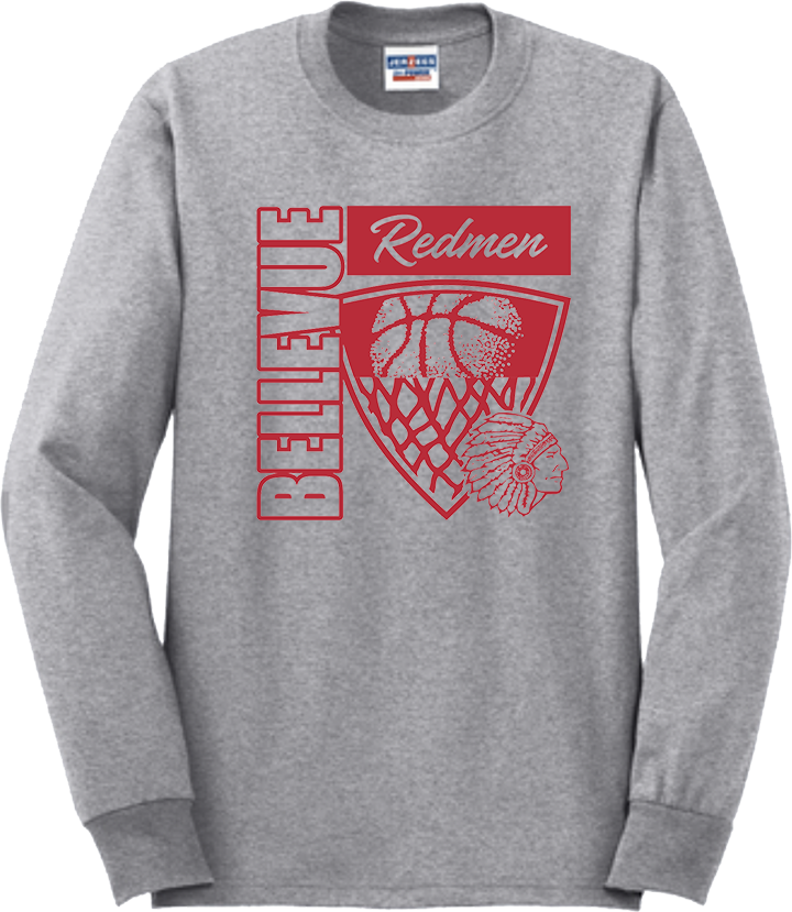 Bellevue Redmen Hoops Hero (red) - Jerzees® - Adult Dri-Power® 50/50 Cotton/Poly Long Sleeve T-Shirt- 29LS