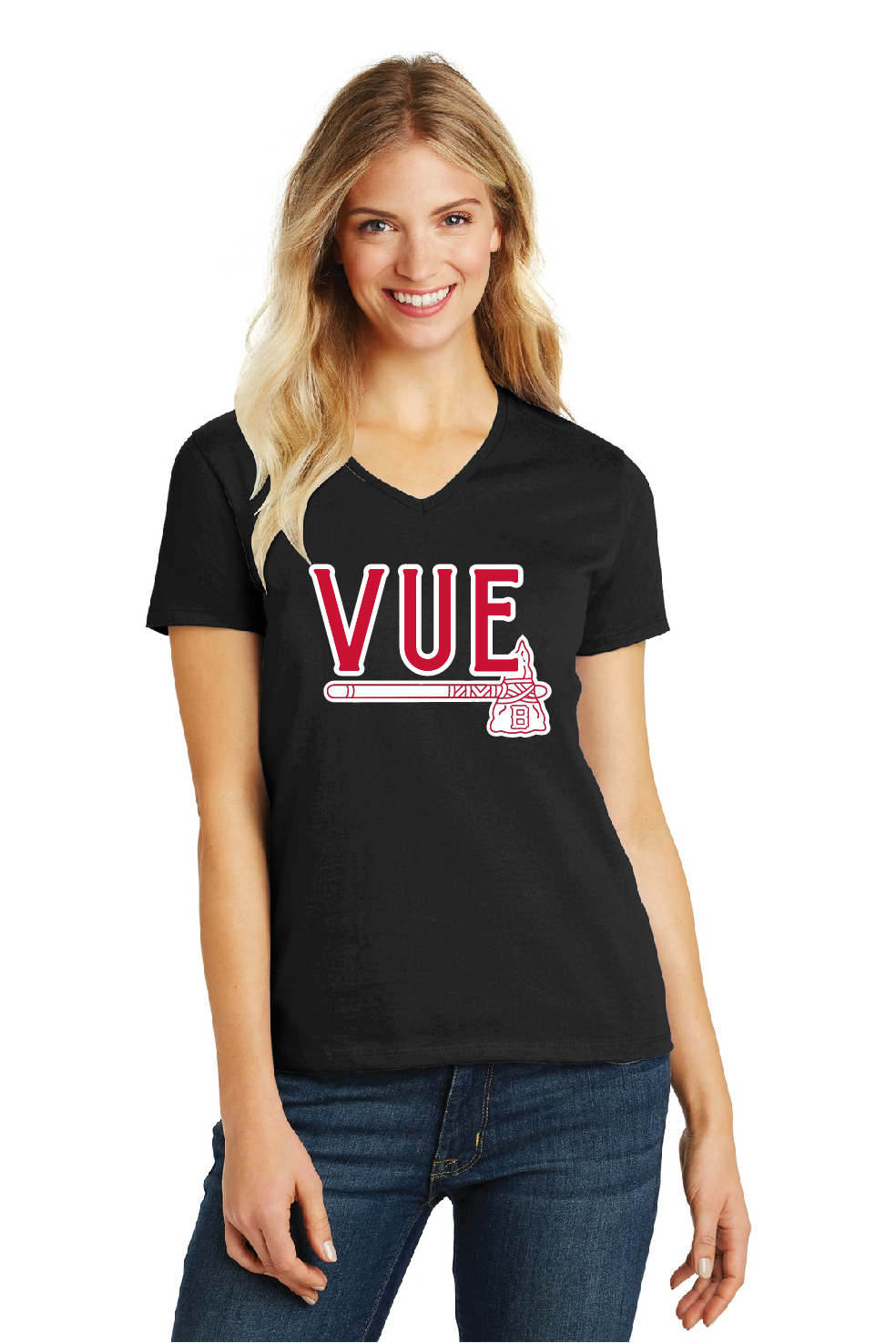 District® Vue Women's Black Perfect Blend® CVC V-Neck Tee DM1190L