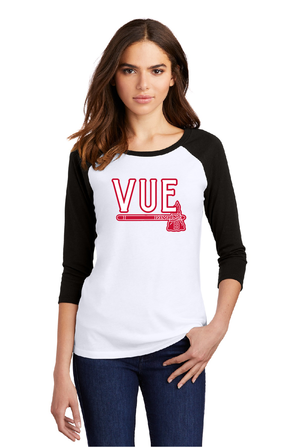 District® Vue Black & White Women's Perfect Tri® 3/4-Sleeve Raglan DM136L