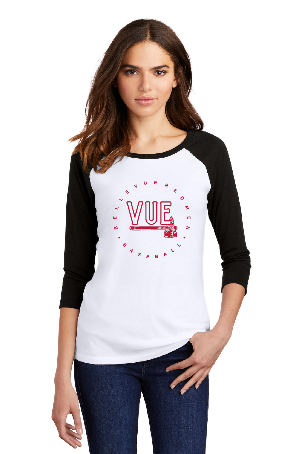 District® Vue Black & White Women's Perfect Tri® 3/4-Sleeve Raglan DM136L